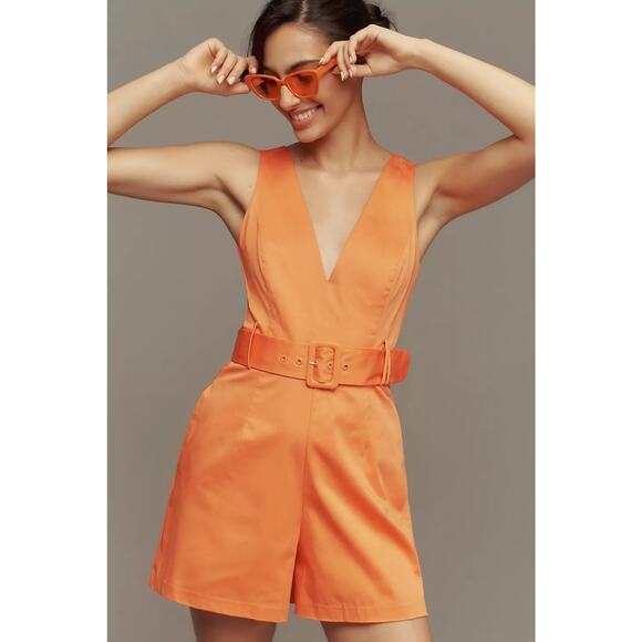 NWT Anthropologie x Hutch Belted V-Neck Romper $168 SIZE 4 Tangerine - Picture 3 of 5